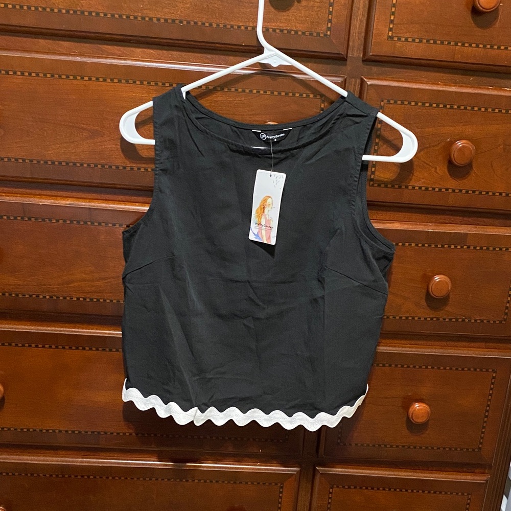 Black Crop Top with White Scallop Trim